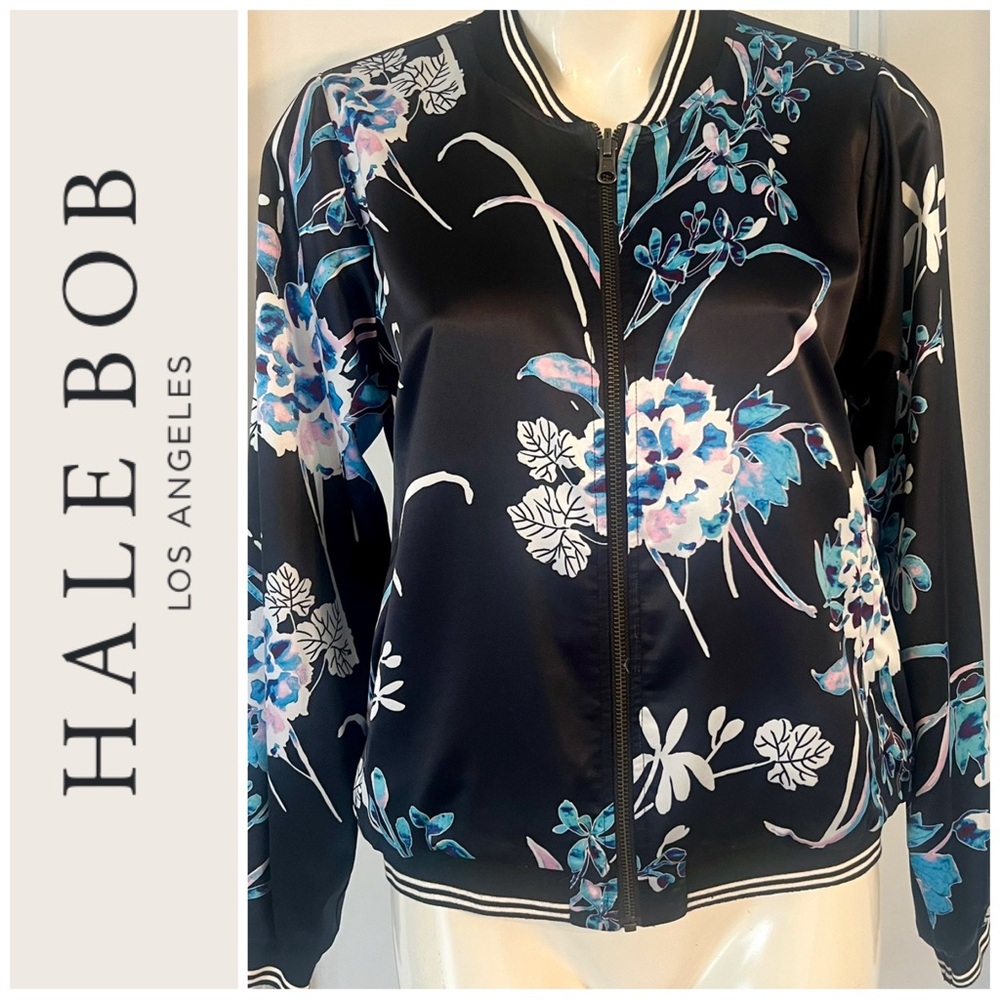 Hale Bob Satin Floral Bomber Jacket - Black and Blue Size Small